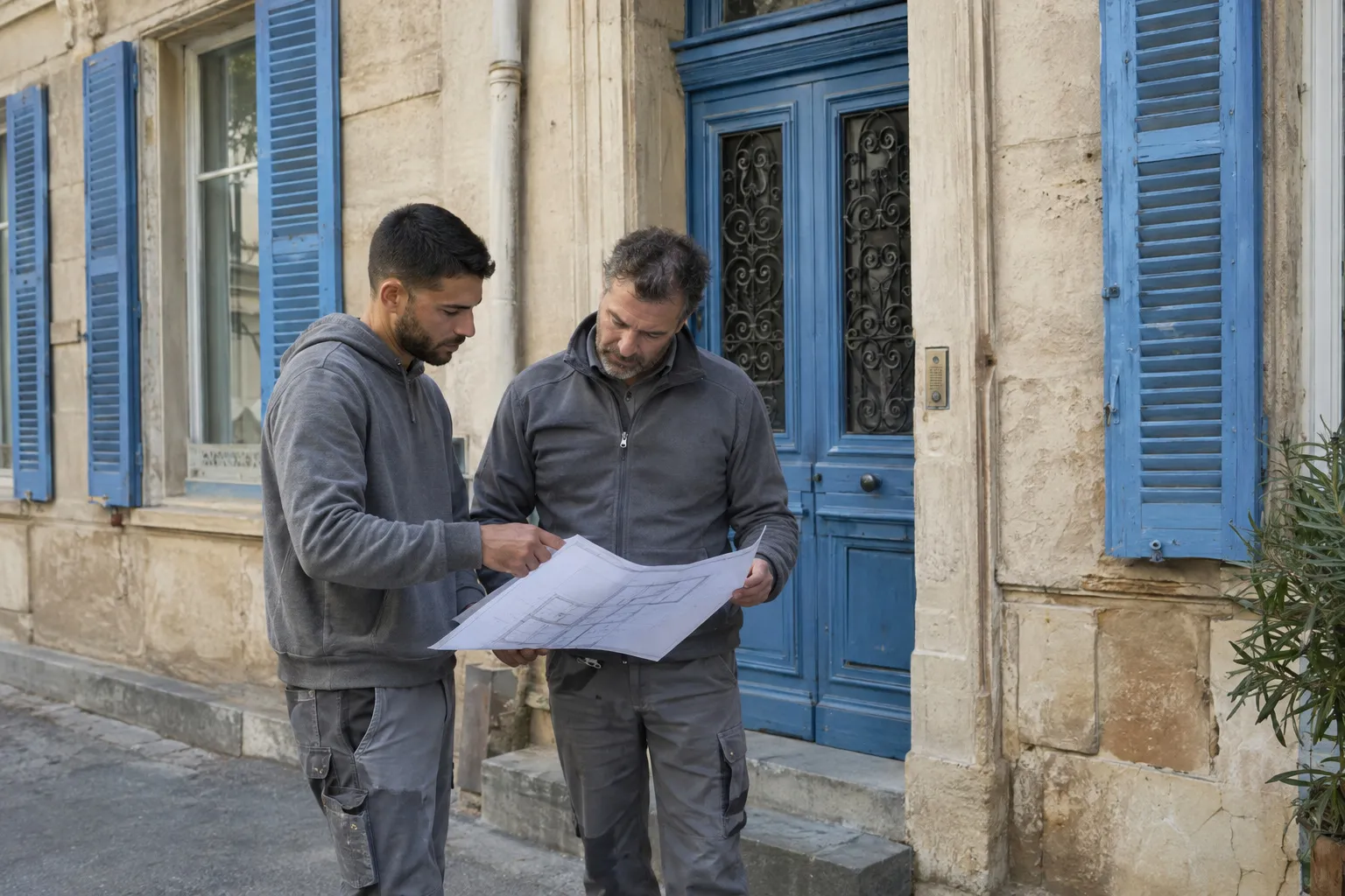 Séjour d'un appartement ancien marseillais en cours de rénovation : murs enduits, parquet protégé, fenêtre ouverte sur les toits et la lumière du sud.
