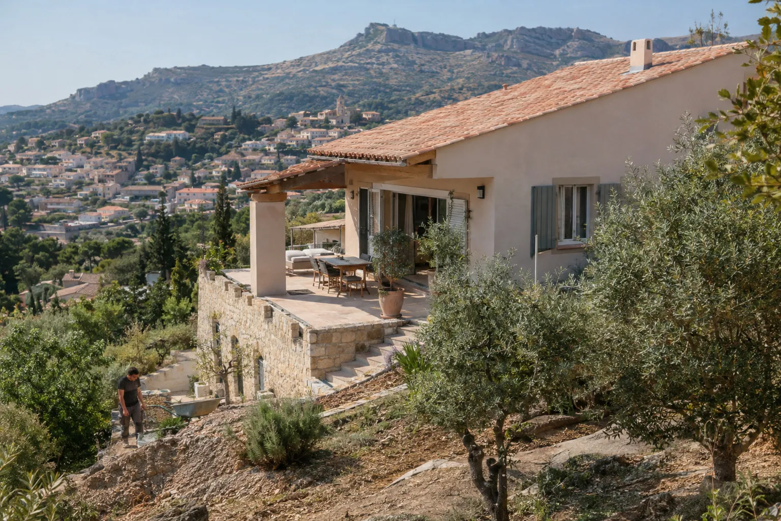 Villa en pierre et enduit ocre avec terrasse sur un terrain en pente planté d'oliviers, au-dessus d'un village des collines d'Allauch ; un ouvrier travaille au premier plan.
