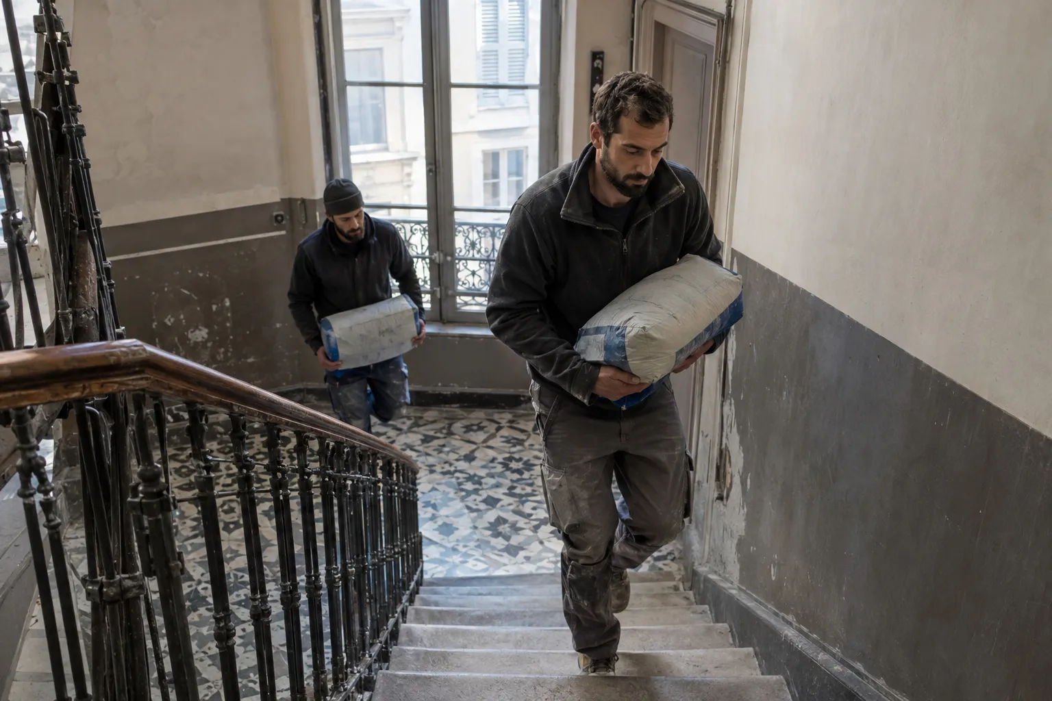 Pièce haute de plafond d'un immeuble ancien du centre de Marseille en travaux : moulure au plafond, parquet ancien protégé par un film, fenêtre haute et mur partiellement enduit.