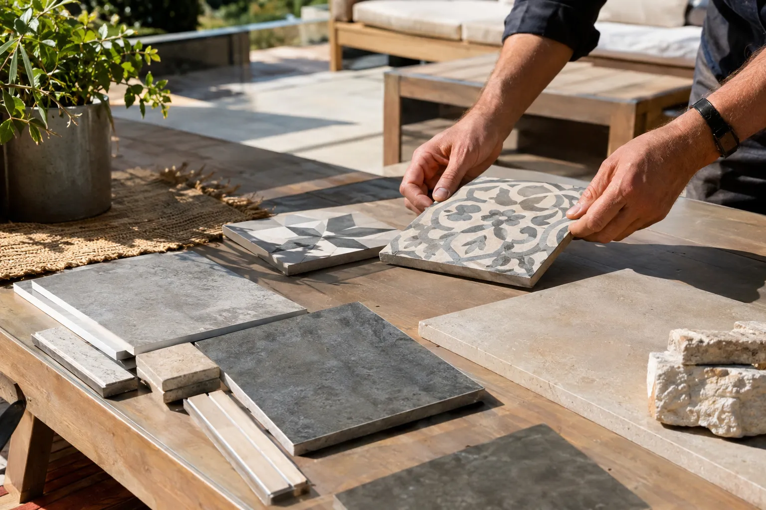 Mains d'artisan présentant un carreau de ciment à motifs, posé parmi d'autres échantillons de grès cérame, de pierre et de travertin sur une table de terrasse.