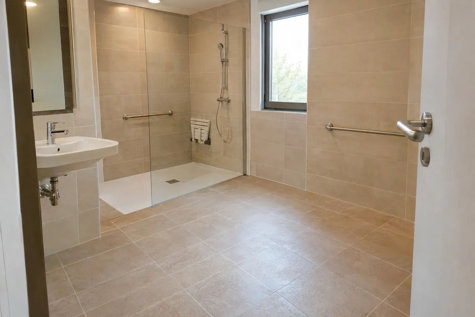 Salle de bain adaptée : douche à l'italienne avec receveur extra-plat, paroi en verre, barre d'appui, siège rabattable et porte large devant laquelle une femme âgée en fauteuil roulant.