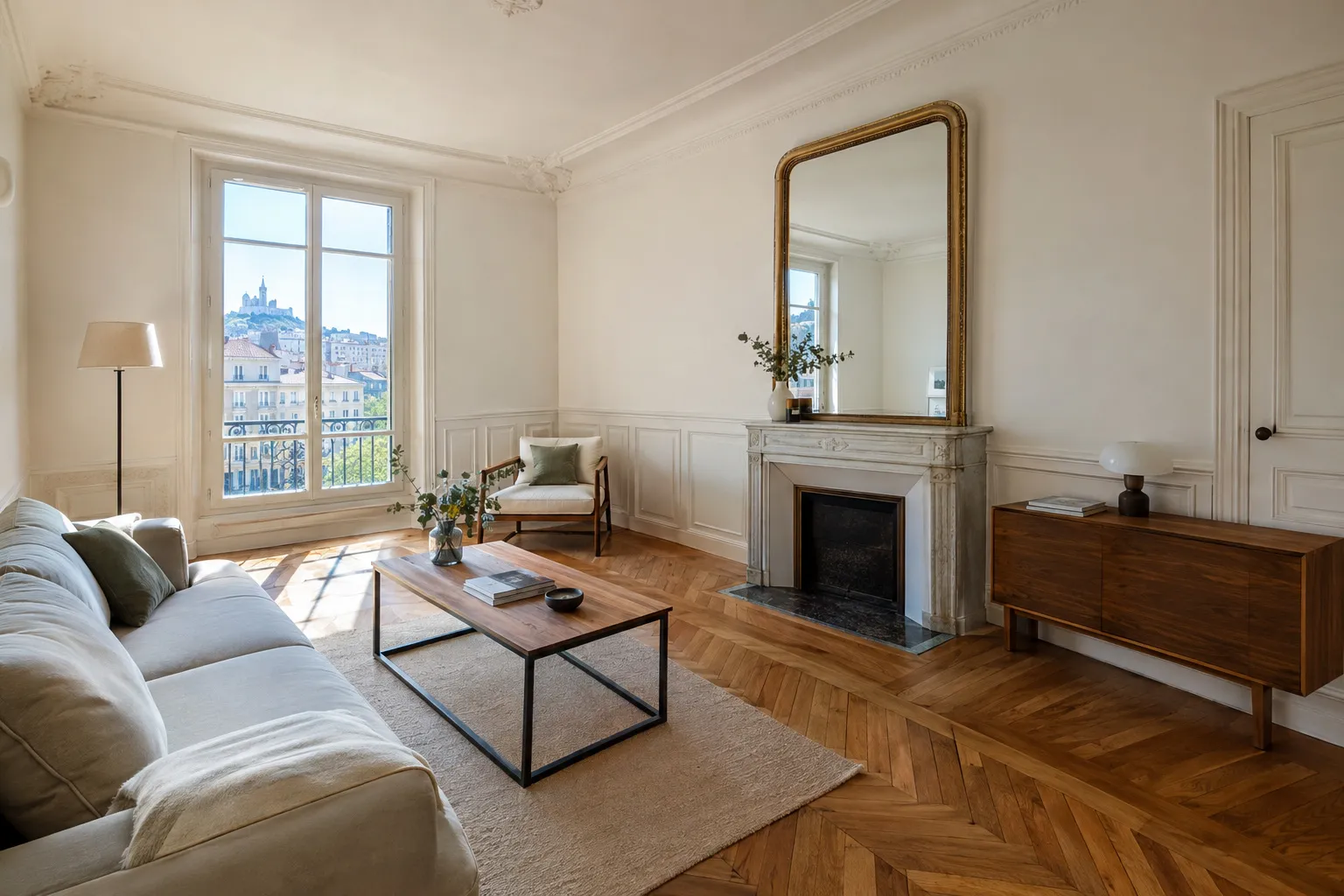Un salon d’appartement ancien rénové à Marseille, parquet en point de Hongrie restauré, murs blancs et moulures.