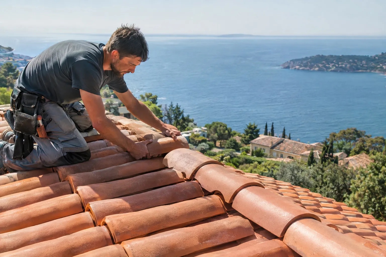 Une toiture neuve en tuiles canal sur une villa, vue en hauteur avec la mer au loin.