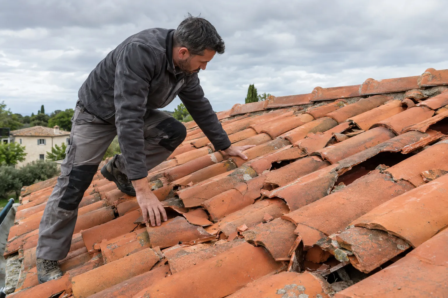 Un couvreur examine à genoux une toiture de tuiles sombres fendues et brisées par la grêle, sous un ciel gris.