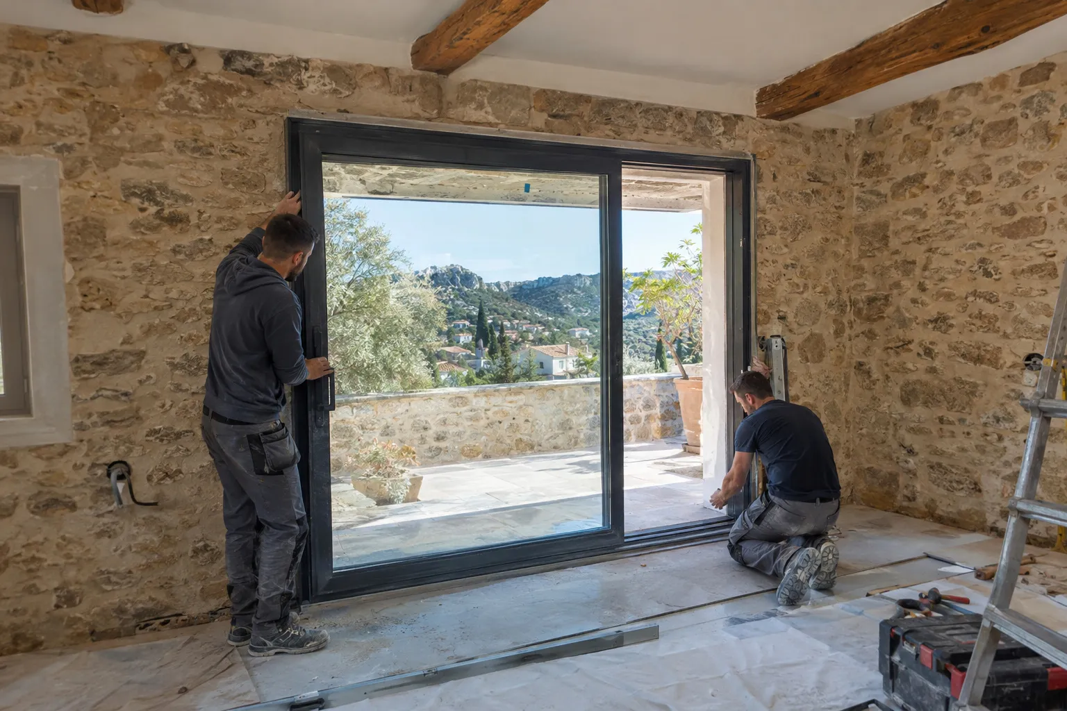 Deux artisans posent une grande baie coulissante noire dans un mur en pierres apparentes, avec poutres en bois et vue sur les collines et les toits.