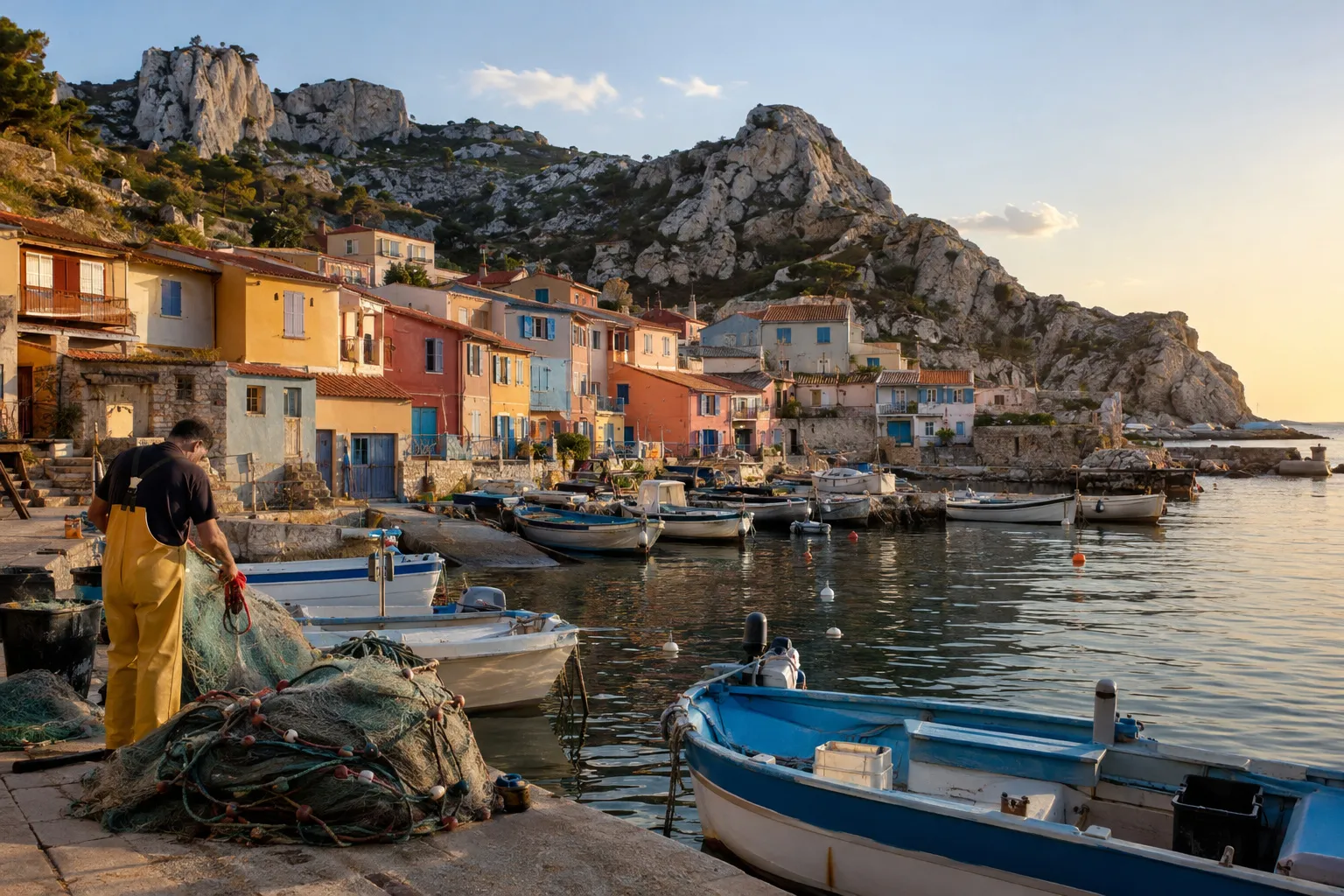 Petit port de pêche du nord de Marseille avec ses maisons colorées au pied de la colline rocheuse, des barques amarrées et un pêcheur qui prépare ses filets.