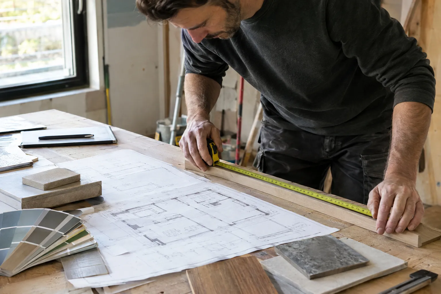 Artisan qui mesure une planche avec un mètre ruban sur un plan de logement, entouré d'échantillons de carrelage, de bois et d'un nuancier de peinture.