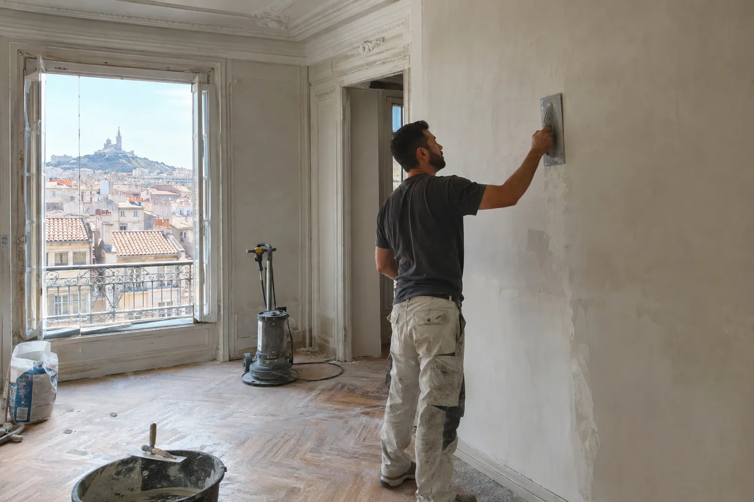 Chantier de rénovation d'un appartement ancien à Marseille : cloison en plaques de plâtre montée, gaines électriques apparentes, sol décapé et fenêtre à persiennes.