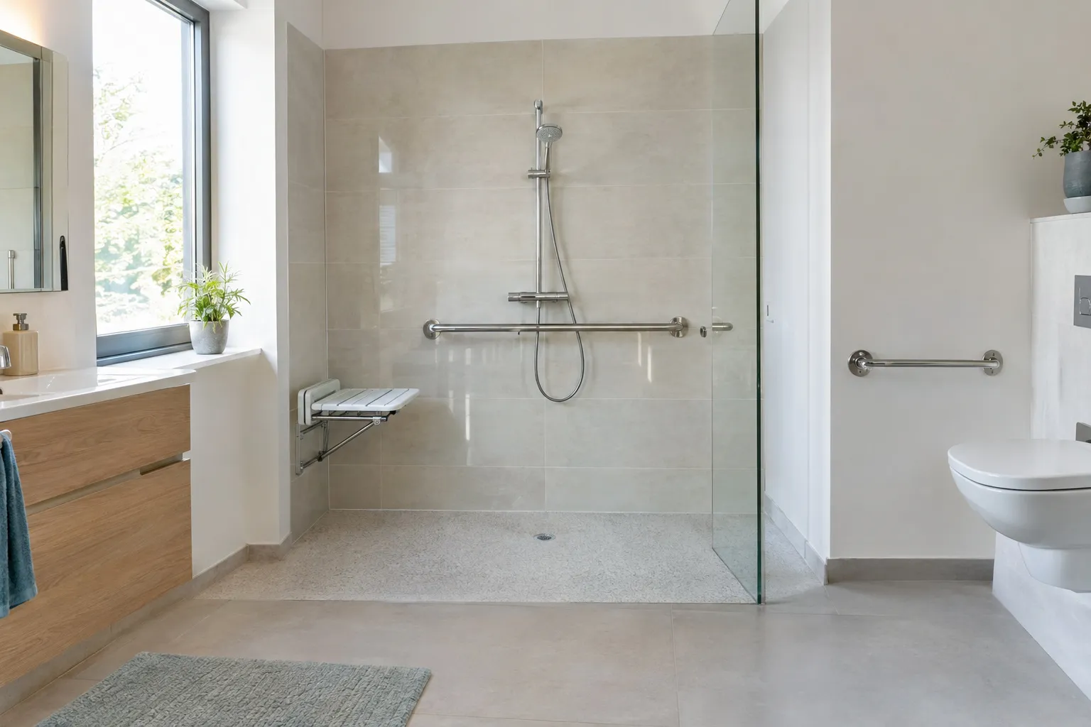 Salle de bain adaptée : douche de plain-pied avec siège rabattable, barre d'appui horizontale, grand carrelage clair antidérapant et WC suspendu avec barre.