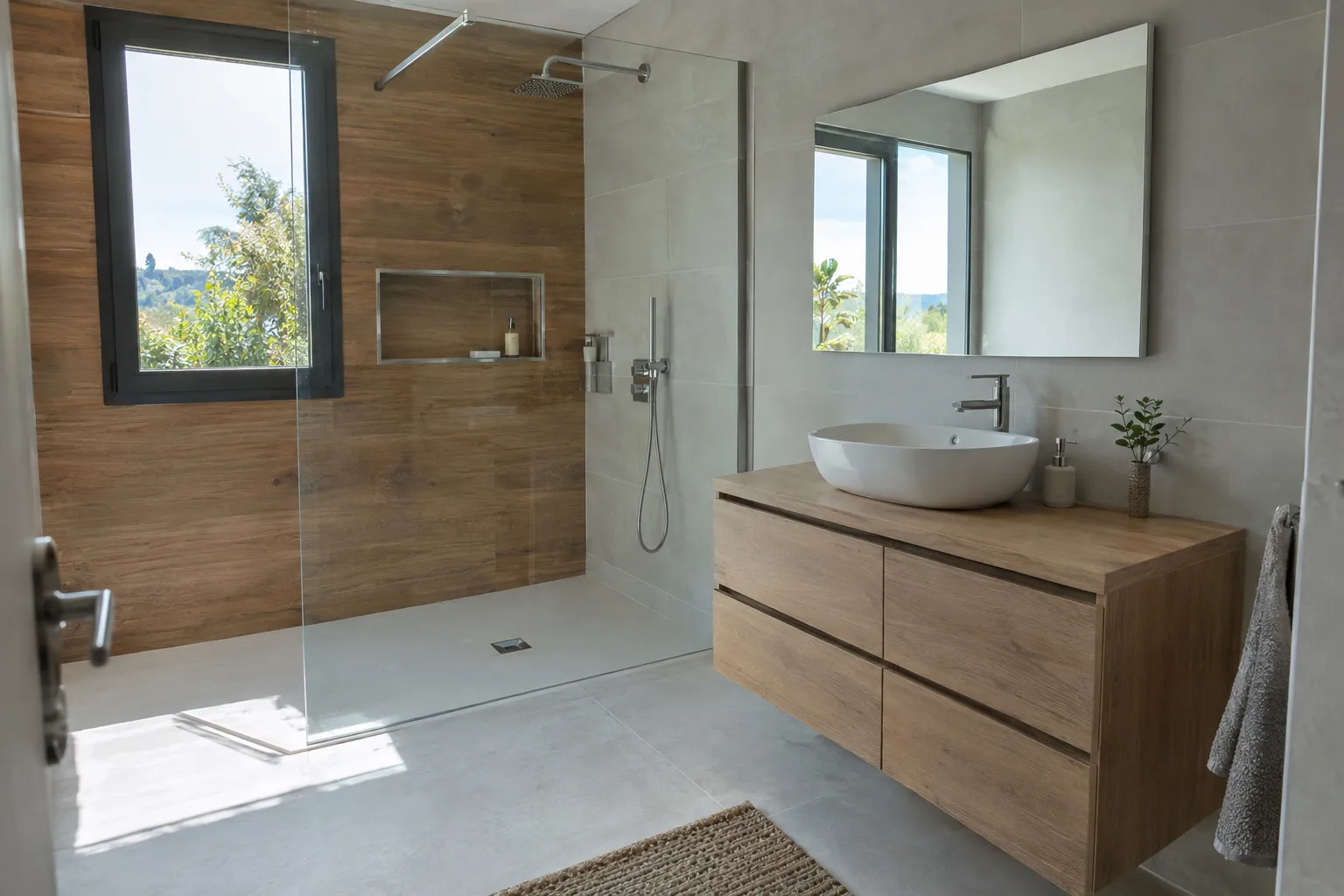 Salle de bain rénovée : douche à l'italienne fermée par une paroi de verre, mur en grès effet bois, grand carrelage gris, meuble vasque suspendu et vasque à poser.