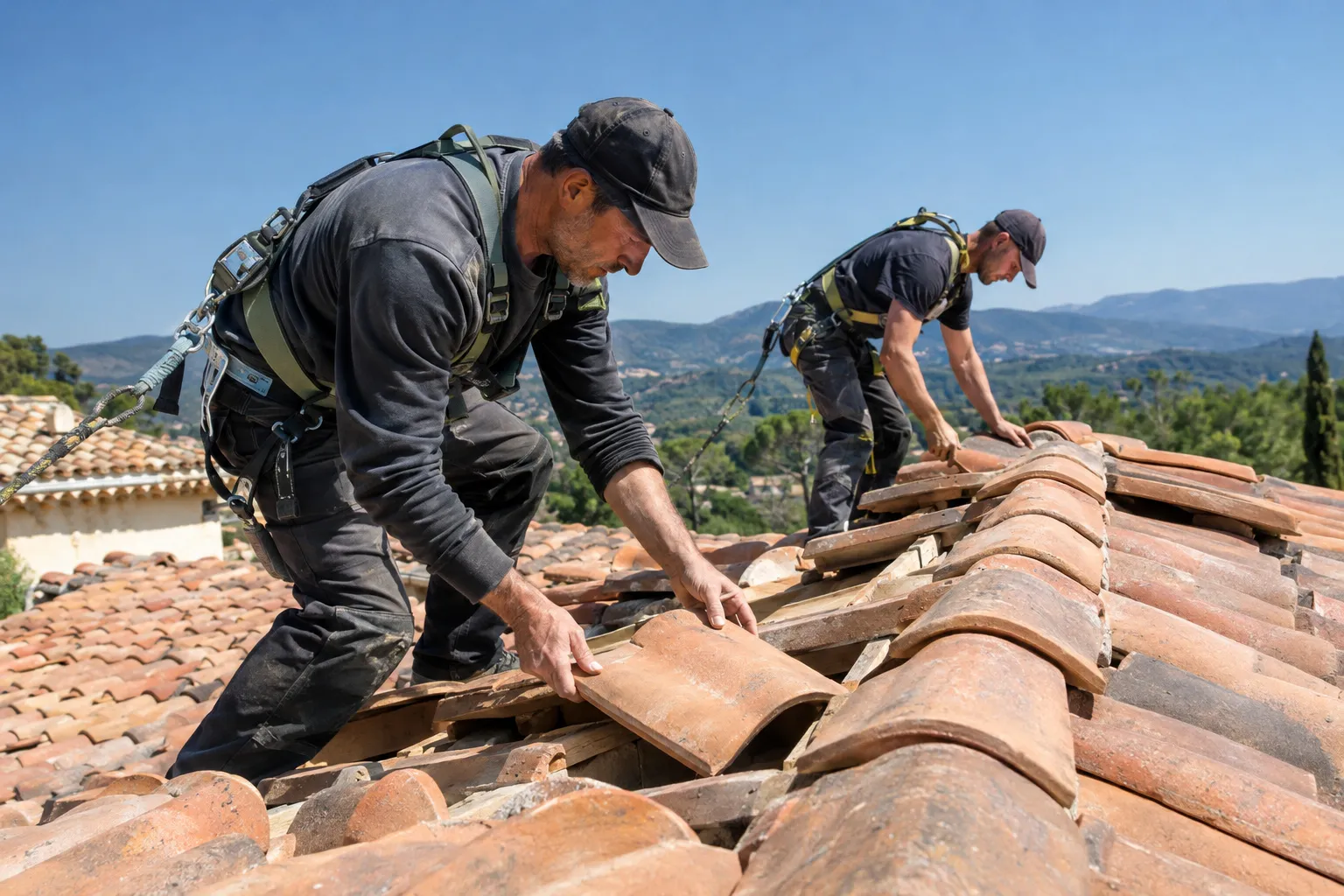 Deux couvreurs encordés posent des tuiles canal en terre cuite sur un toit, avec les collines provençales à l'arrière-plan.